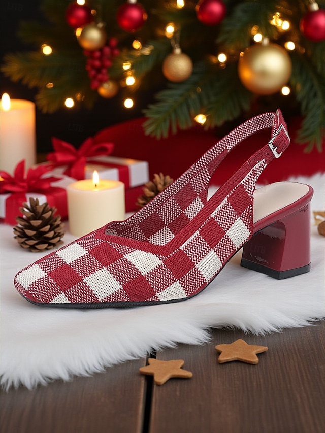  Zapatos de tacón cuadrado con tira trasera de cuadros vichy rojos para mujer: zapatos de vestir de punto de estilo retro para caminar cómodamente, picnics informales, fiestas de verano y uso diario en