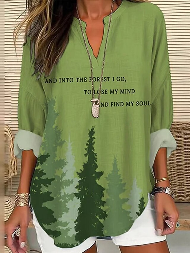 Women's Shirt Tree Letter Daily Casual Long Sleeve V Neck Regular Tops Daily Holiday Buttons Print White Green Spring Fall4