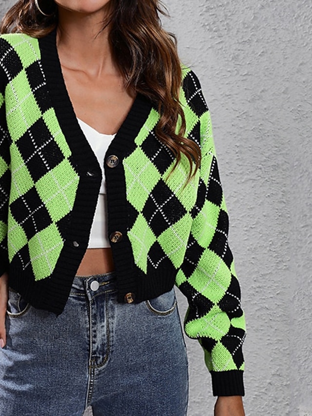  Dames Vest Casual Argyle Dik V-hals Gebreid Lange mouw Normale tops breien Dagelijks Feestdagen Uitgaan Groen Herfst Winter