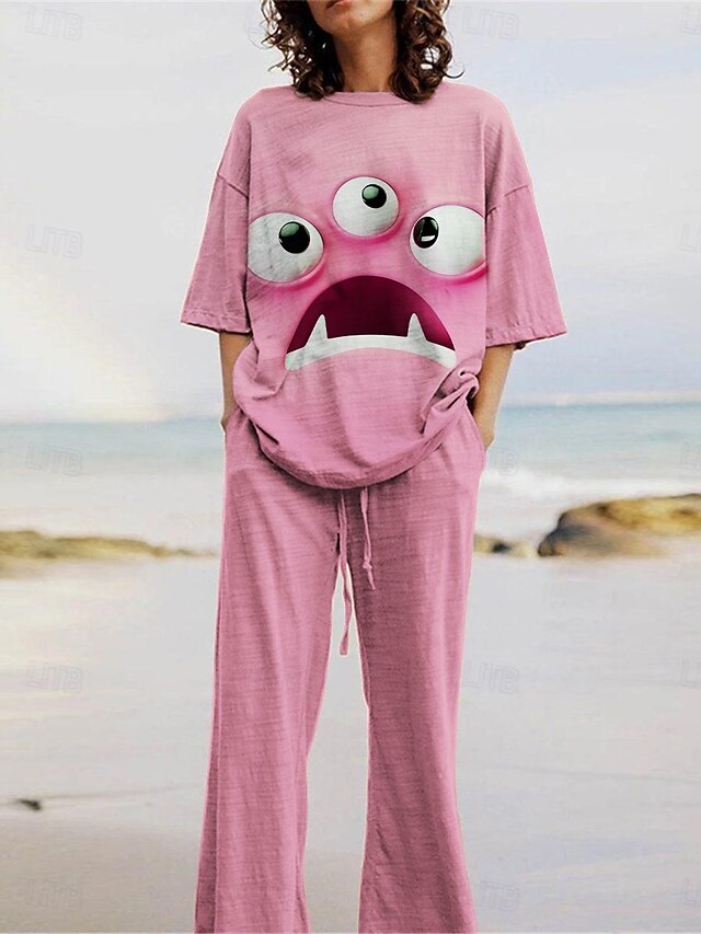 Women's Active Fashion Pants Sets 3/4 Length Sleeve Crew Neck 3D Print Print Vacation Daily Holiday Pink Purple Summer Regular Fit4