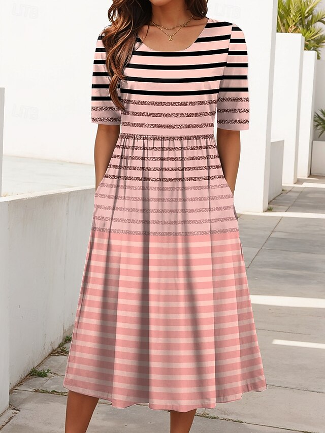 Women's Midi Dress Summer Dress Pleated Dress Vacation Casual Holiday Regular Fit Graphic Geometric Striped Half Sleeve Crew Neck Pink Blue Purple Summer Spring4
