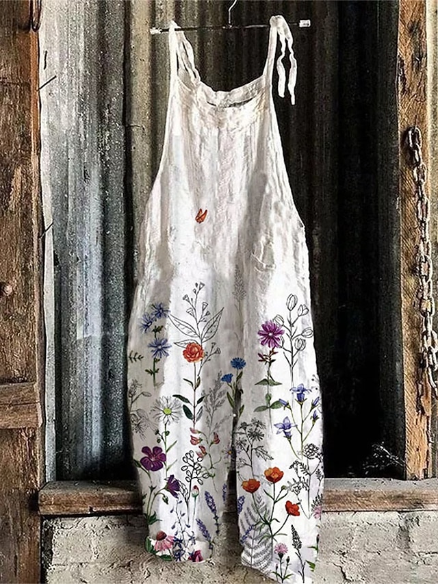  Dames Normaal Jumpsuit Streetwear Bloemig Mouwloos U-hals Afdrukken Straat Dagelijks Normale pasvorm Zwart Wit Geel Zomer