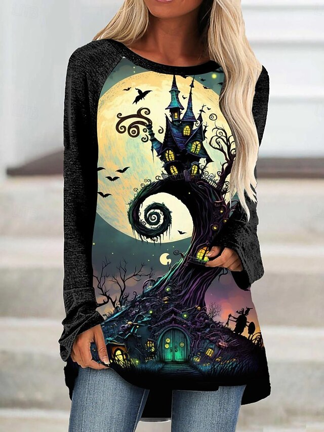 Halloween Women's T Shirt Castle Graphic Ghost Vintage Stylish Classic Long Sleeve Crew Neck Round Neck Long Tops Daily Print Black Yellow Green Spring Fall4