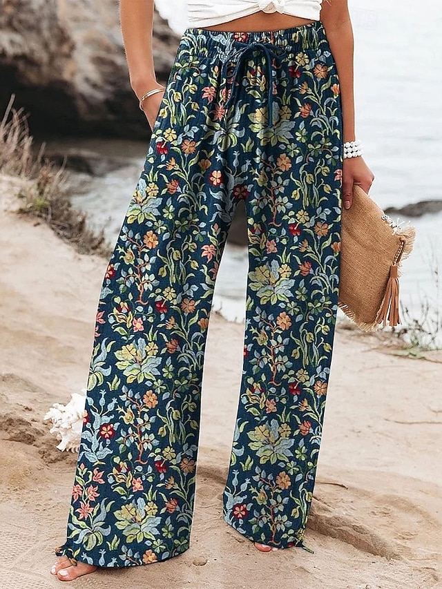  Damen Weites Bein Hosen Hose Palazzo-Hose Mode Boho Volle Länge Hohe Taille Blume Elastischer Bund Kordelzug Druck Atmungsaktivität Bequem Straße Alltagskleidung Ausgehen Dunkelblau Frühling Herbst