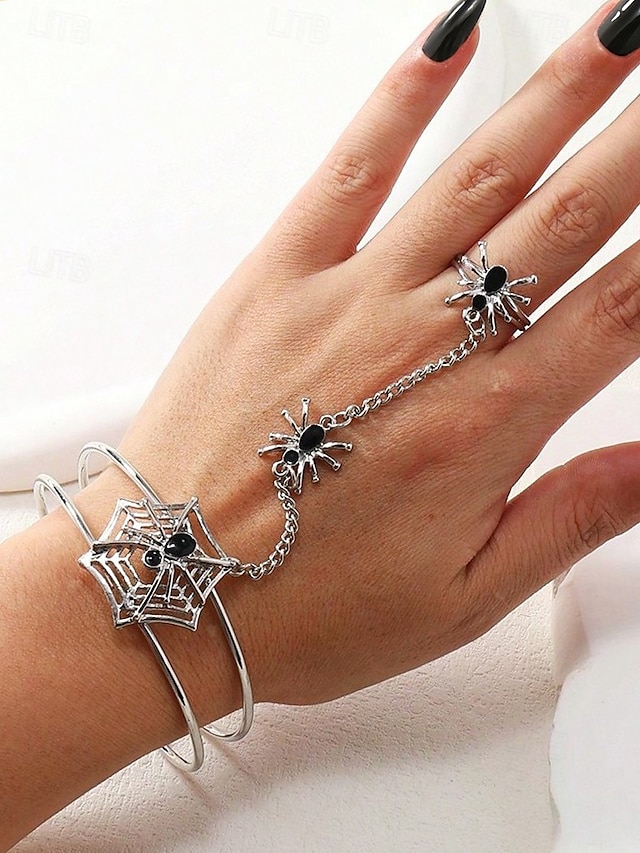  Damen Halloween Spinnennetz Armband Ring Set – Gothic Handkette Schmuck aus Legierung mit verstellbarer Passform, Party- und Cosplay-Accessoires