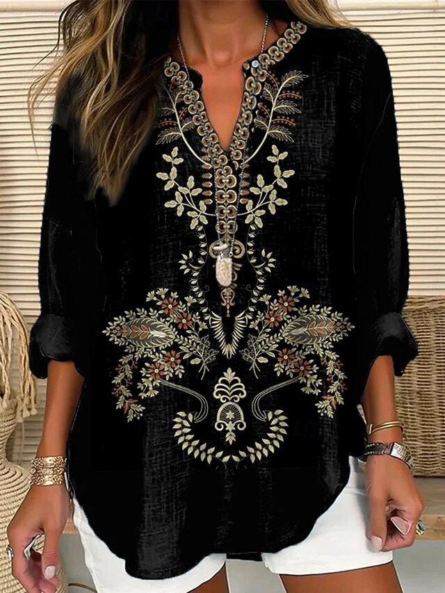 Women's Shirt Floral Daily Casual Long Sleeve V Neck Regular Tops Daily Holiday Buttons Print Black Spring Fall4