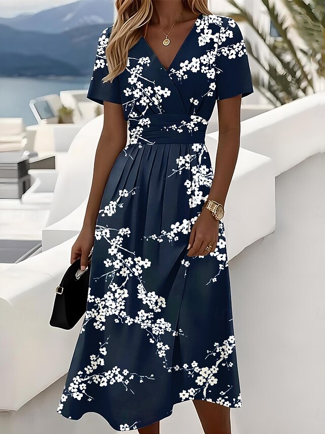 Women's Elegant Midi Dress A Line Dress Wrap Dress V Neck Short Sleeve Regular Fit Floral Graphic Blue Green Dark Blue4
