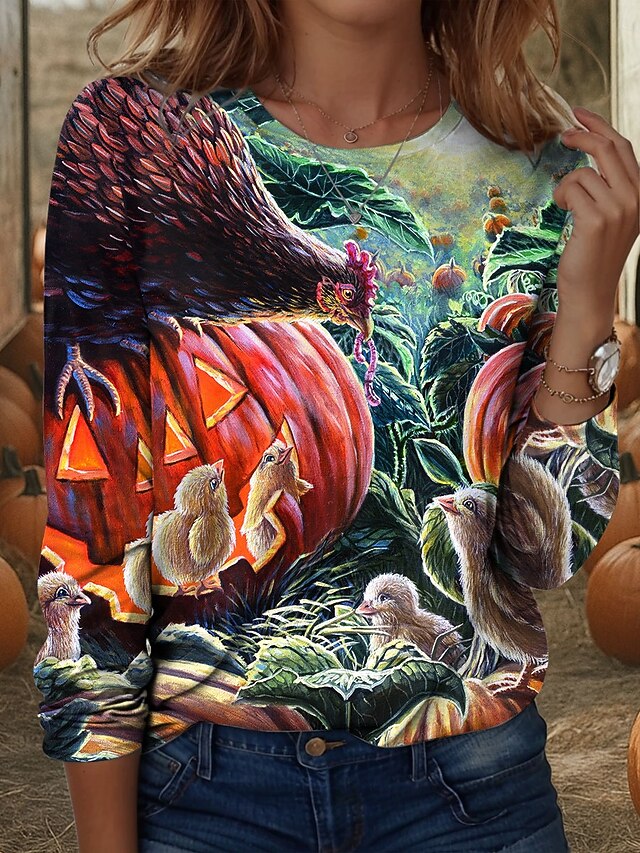 Dakota Daetwiler Halloween Women's T shirt Pumpkin Crew Neck Long Sleeve Tunic Graphic Animal  Casual  Regular Tops Daily Weekend Print Green Fall4