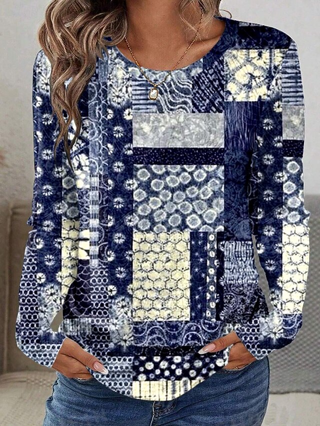 Women's T shirt Crew Neck Long Sleeve Tunic Graphic Geometric Paisley Vintage Stylish Classic  Round Neck Regular Tops Daily Print Royal Blue Brown Green Fall4
