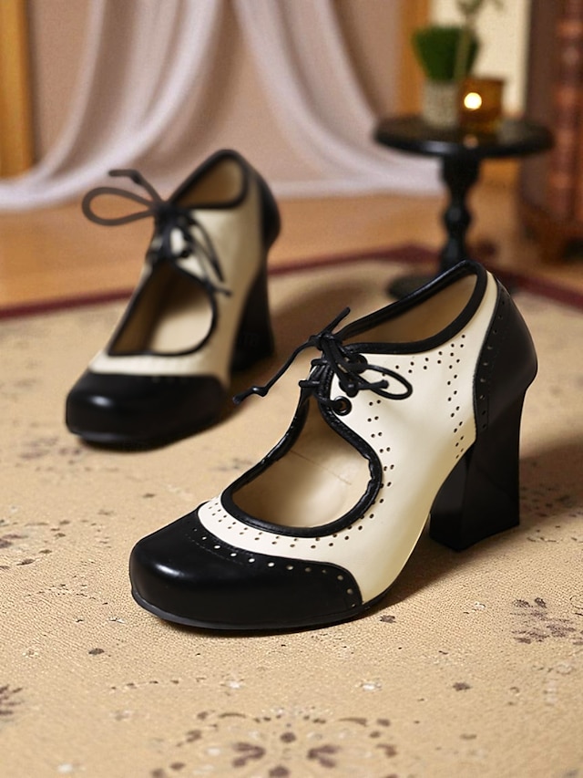  női, 1930-as évek ihlette, kétszínű, fűzős oxford magassarkú – retró műbőr vastag cipők vintage őszi és téli szettekhez és teadélutánokhoz