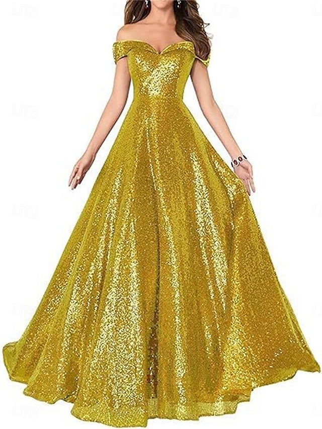 A-Line Evening Gown Elegant Dress Formal Performance Floor Length Short Sleeve Off Shoulder Sequined Backless with Pleats