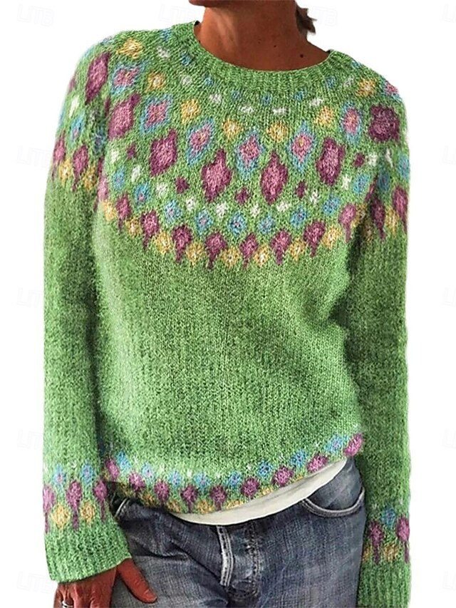 Women's Sweater Casual Soft Geometric Ribbed Crew Neck Knitted Print Long Sleeve Regular Tops Knit Outdoor Daily Weekend Yellow Green Fall Winter4