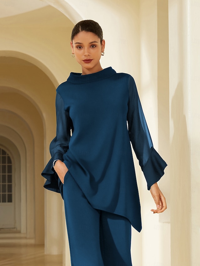  camicetta nera da donna con collo alto, in chiffon, modal, patchwork, polsini svasati, vestibilità slim, elastica, elegante, casual, da ufficio