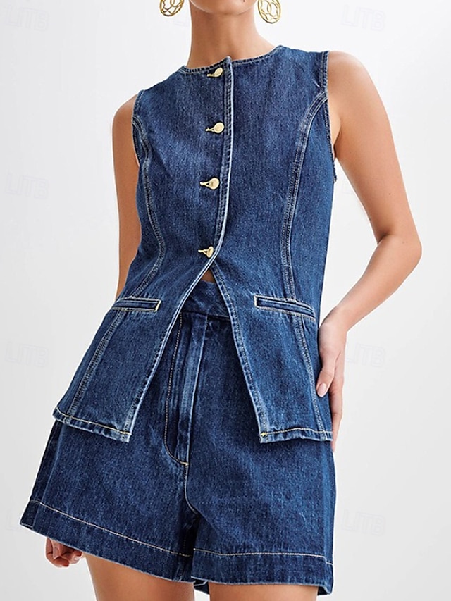  Women's Active Fashion Blouse Shorts Sets Sleeveless Crew Neck Solid Color Split Thigh Vacation Casual Daily Blue Summer Regular Fit