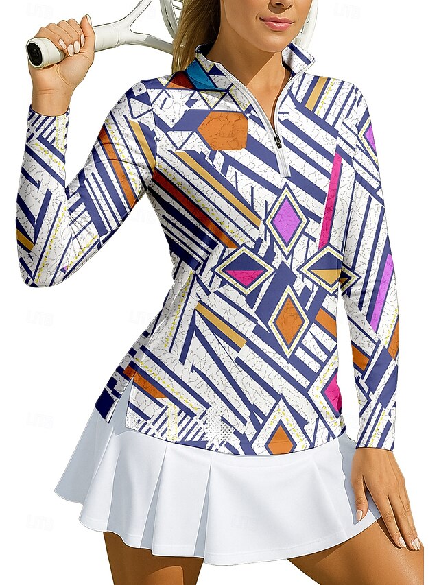 Women's Geometric Sport Shirt Golf Polo Shirt Tennis Shirt Tennis Tee Long Sleeve Zipper Floral UPF50+ UV Resistant High Elasticity Moisture Wicking Breathable Tennis Golf Pickleball Stand Collar Zip4