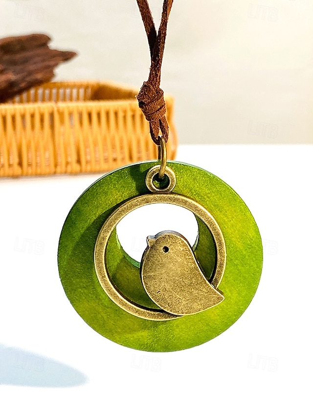  Collier pendentif oiseau bohème pour femme – collier long cercle en bois fait main avec breloque en alliage pour les amoureux de la nature, les tenues décontractées ou les cadeaux