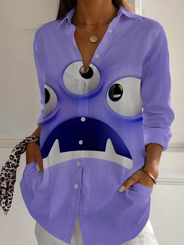 Women's Cartoon Funny Smile Face Shirt Active Daily Stylish Long Sleeve Shirt Collar Regular Tops Daily Holiday Buttons Print Pink Purple Spring Fall4