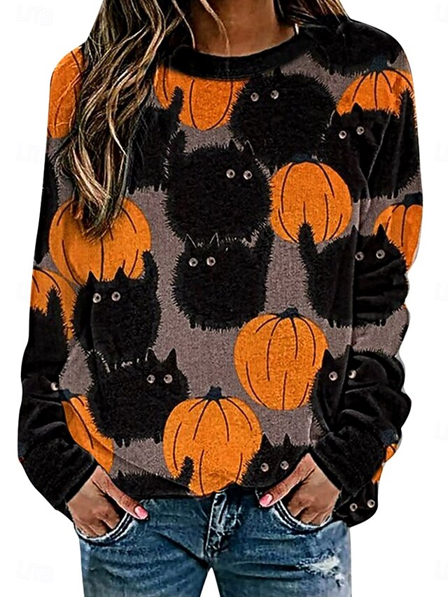 Halloween Women's Sweatshirts Pumpkin Print Graphic Cat Casual Long Sleeve Crew Neck Regular Tops Street Dailywear Casual Print Black Yellow Orange Spring Fall Winter4