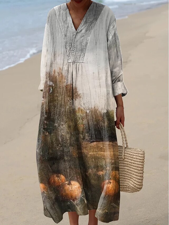 Halloween Women's Pumpkin Print Midi Dress V Neck Long Sleeve Kaftan Lightweight Loose Fit A Line Dress Casual Boho Party Going out Loose Fit Graphic Long Sleeve V Neck Orange off-white Grey Fall4
