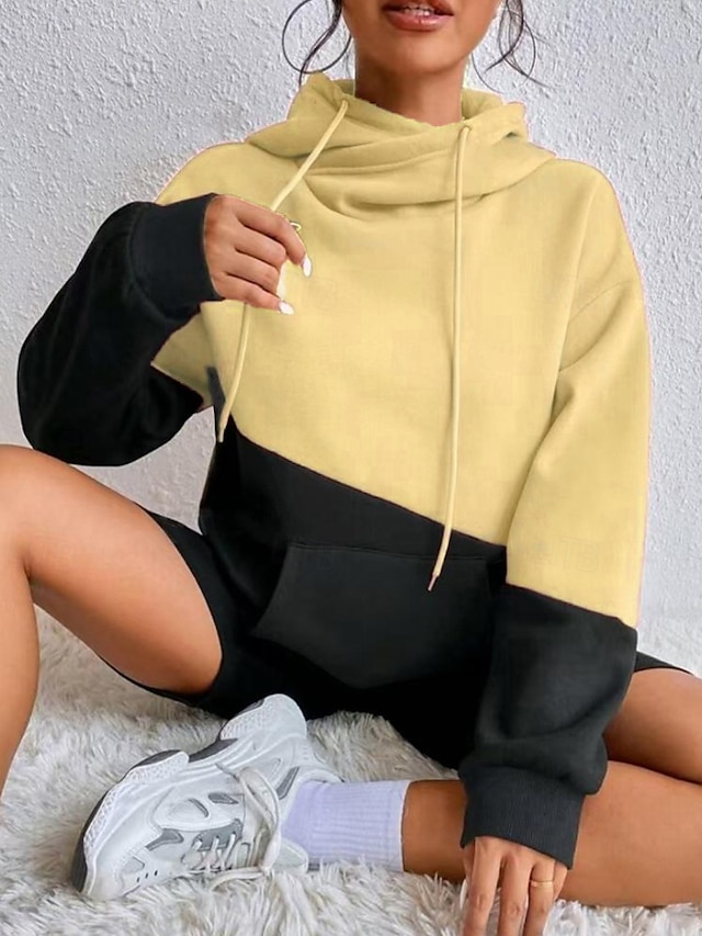  Mulheres Pulôver Moletom Com Capuz Bloco de cor Roupa de rua Casual Manga Longa Com Capuz Tops regulares Rua Para Noite Patchwork Rosa Verde Bege Outono Inverno