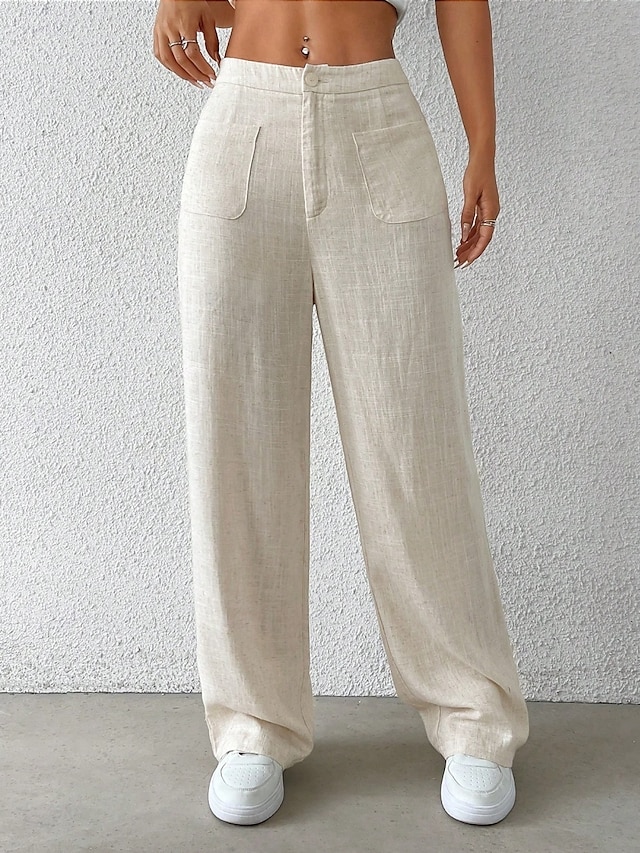  Damen Weites Bein Chinos Mode Basic Lässig Volle Länge Mittlere Taillenlinie Einfarbig Tasche Komfort Außenbereich Unelastisch Urlaub Straße Täglich Schwarz Weiß Blau Aprikose Sommer Frühling Herbst