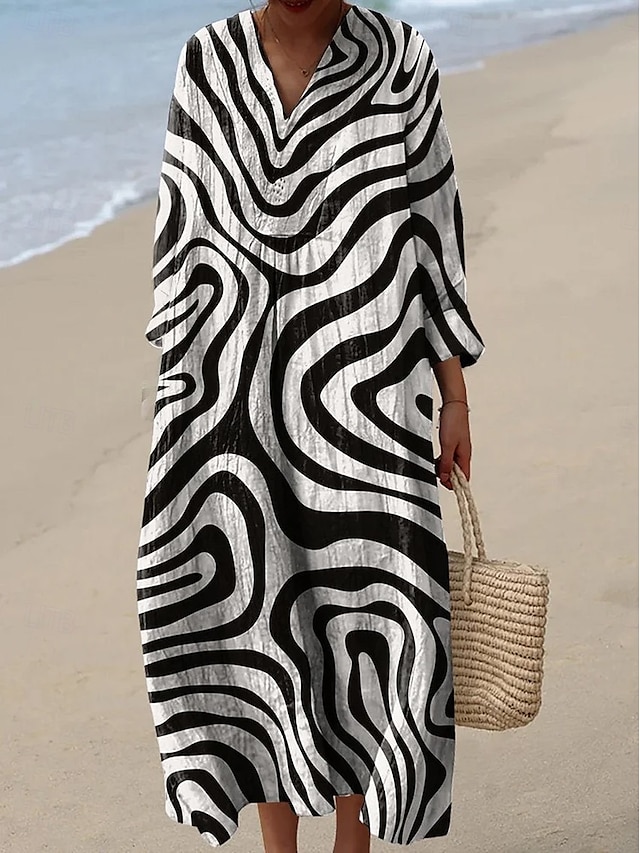  Femmes Robe maxi Robe d'Été Robe trapèze Vacances Occasionnel Boho Sortir Plage Graphique Géométrique manche longue Col en V Noir Rose Claire Bleu Été Printemps Automne