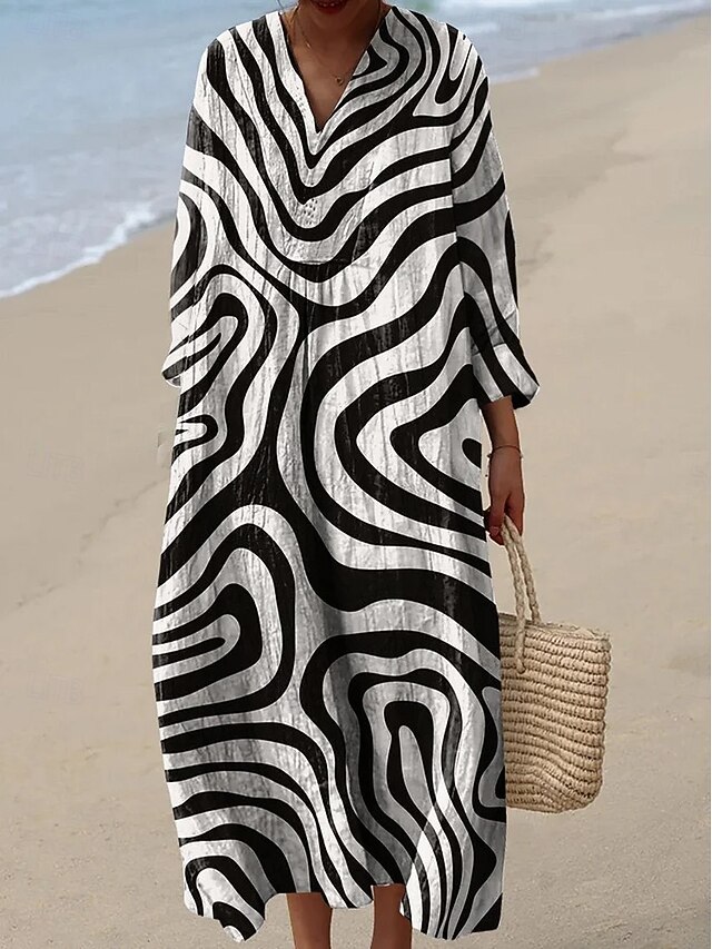 Women's Midi Dress V Neck Long Sleeve Kaftan Lightweight Loose Fit A Line Dress Casual Boho Going out Graphic Geometric Long Sleeve V Neck Black Pink Blue Fall4