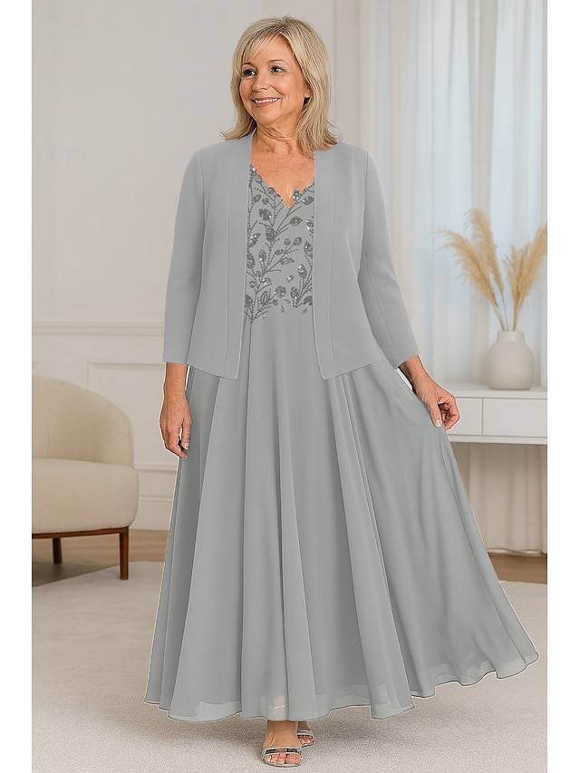  Vestido de mãe da noiva em duas peças, corte A, com renda e miçangas, elegante, simples, luxuoso, decote em V, comprimento até o chão, comprimento longo, chiffon, manga curta com jaqueta de crepe