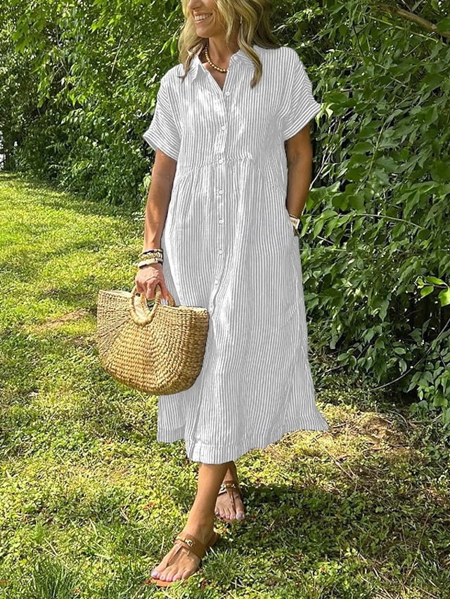  Femmes Robe Midi Robe longue en coton Occasionnel Coupe Ample Couleur Unie Uni Manche Courte Col de chemise Revers Jaune clair Noir Blanche Jaune Été Printemps Automne