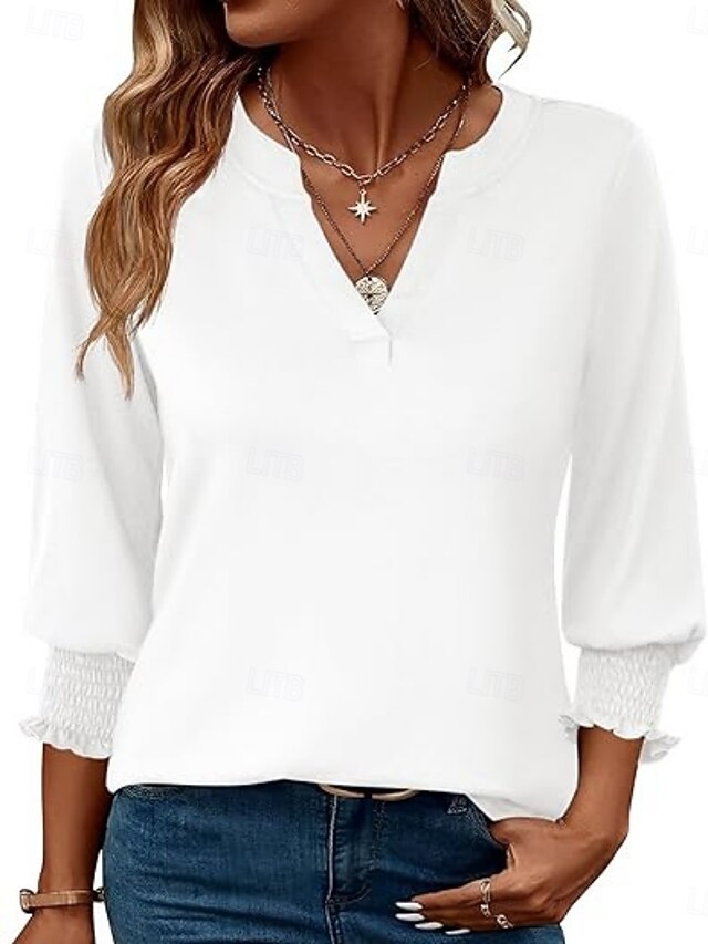 Women's Blouse Solid Color Stylish Casual 3/4 Length Sleeve V Neck Regular Tops Daily Print Black White Green Summer Spring Fall4