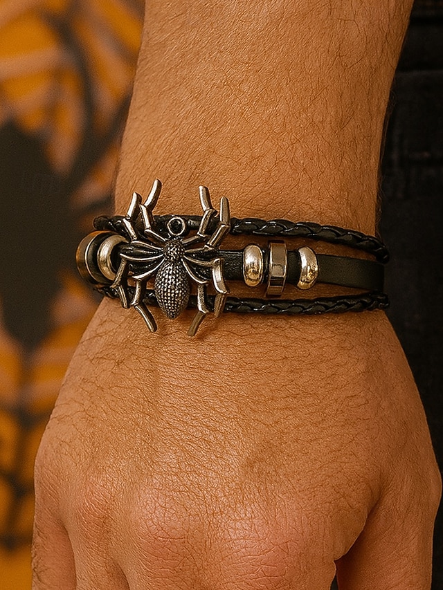  Bracelet araignée d'Halloween pour homme – Bracelet tressé en similicuir gothique avec breloque araignée en alliage, bijou ajustable de style punk pour fêtes, cosplay et événements en boîte de nuit