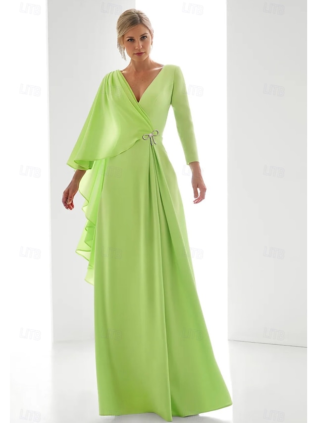  Abito da sera in chiffon A-Line elegante per invitata a matrimonio lungo fino al pavimento maniche lunghe scollatura a V con spacco