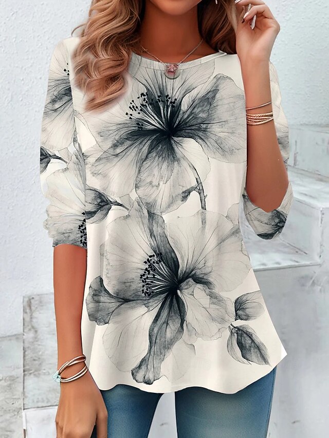 Women's T shirt Long Sleeve Crew Neck Long Sleeve Tunic Floral Graphic Plants Casual Round Neck Regular Tops Daily Print White Blue Beige Fall Prefall4