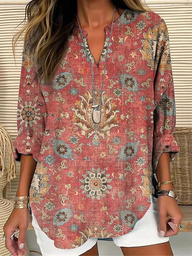  Dame Bluse Blomstret Grafisk Blad Elegant Stilfull Langermet V-hals Vanlige topper Daglig Ferie Trykt mønster Blå Dusty Blue Lys Lilla Lilla Oransje Sommer Vår