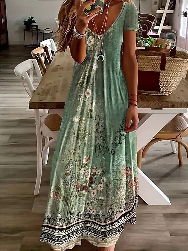  Femmes Robe maxi Robe Décontractée Robe trapèze Robe d'été Élégant Vacances ancien Coupe régulière Fleuri Graphique Paisley Manche Courte Col en U Vert Claire Bleu Poudré Été Printemps Automne