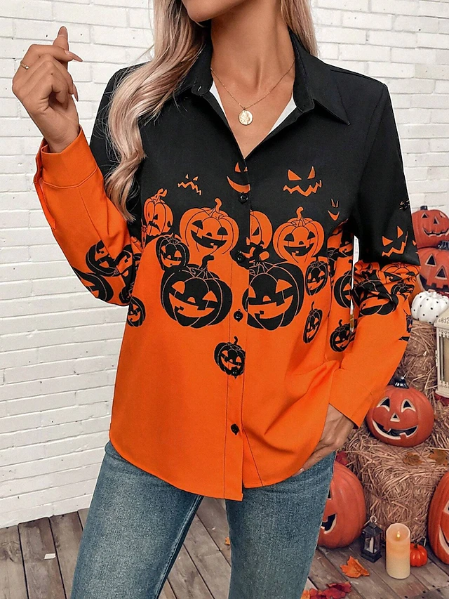Halloween Women's Shirt Pumpkin Print Button Down Tunic Shirt Collar Long Sleeve Graphic Elegant Vintage Tropical Bishop Sleeve Regular Tops Daily Holiday Print Orange Spring Fall3