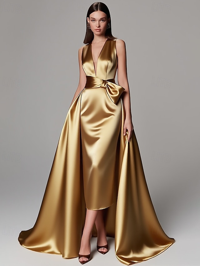  Rochie de seară elegantă, verde auriu, în linie A, rochie formală de nuntă, lungime până la podea, fără mâneci, decolteu în V, culoarea șampanie, rochie de seară pentru mama miresei, satin elastic cu