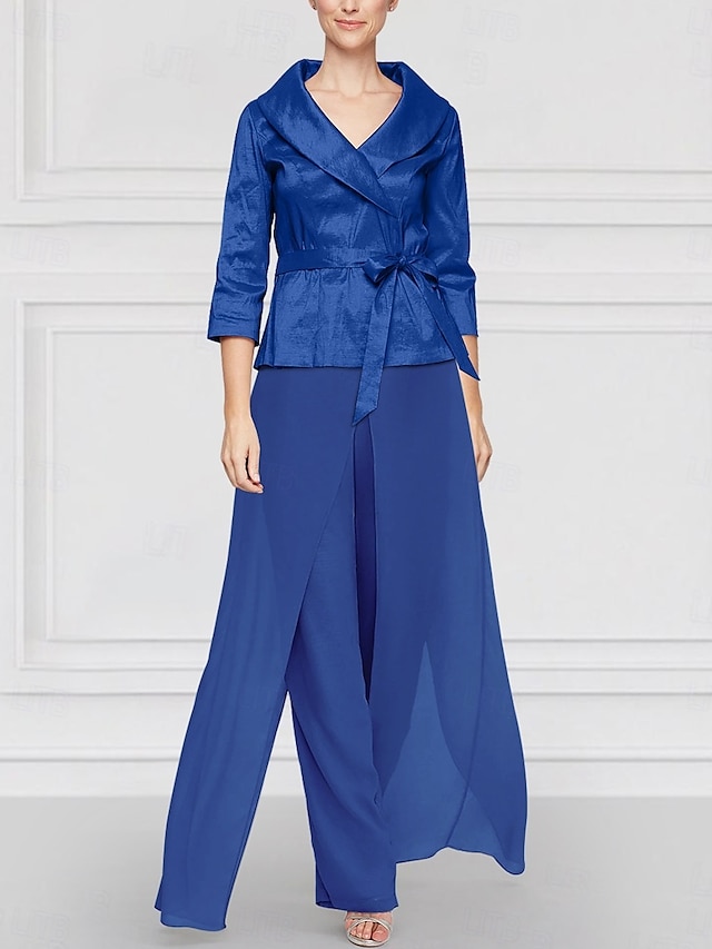  Two Piece Pantsuit Mother of the Bride Wedding Guest Elegant Simple Tailored Lapel Floor Length Chiffon Stretch Satin Long Sleeve with Sash / Ribbon Solid Color 2025