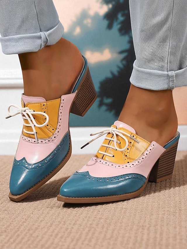  damskie buty typu oxford mule heels w blokach kolorów – retro wsuwane buty typu brogs z noskiem w kształcie skrzydeł dla miłośniczek stylu vintage, do biura i na co dzień