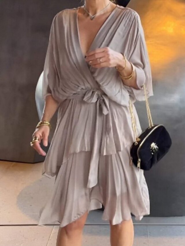 Women's Mini Dress Cocktail Dress Wedding Guest Dress Chiffon Fashion Modern Outdoor Vacation Regular Fit Plain 3/4 Length Sleeve V Neck Gray Summer Spring Fall Autumn4
