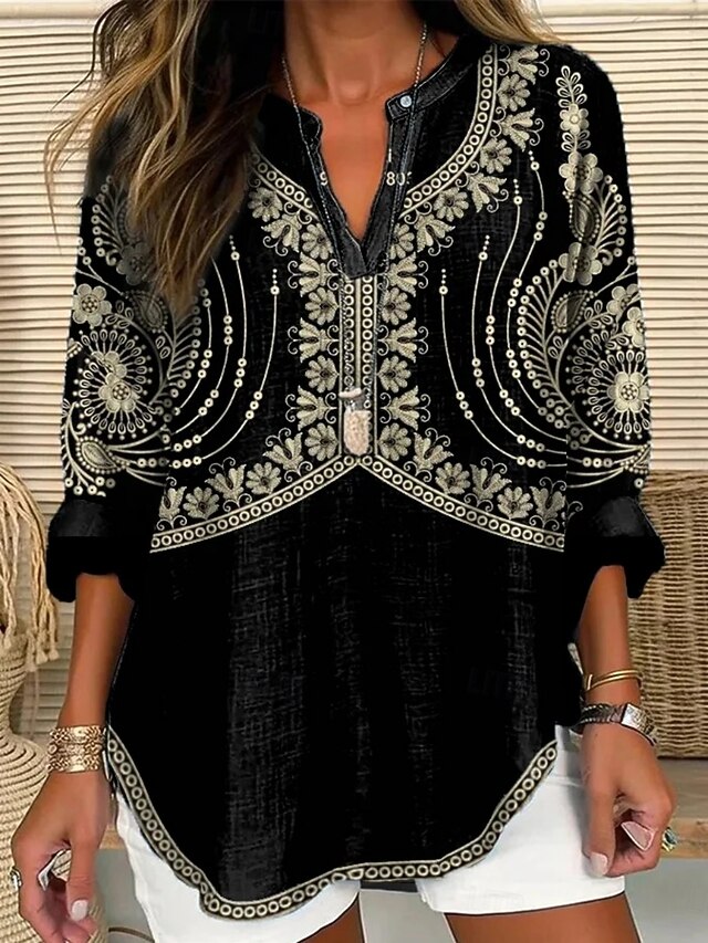 Women's Shirt Graphic Vintage Daily Casual Long Sleeve V Neck Regular Tops Daily Holiday Buttons Print Black Spring Fall4