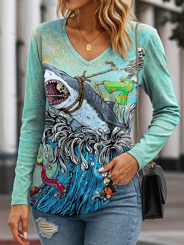 Skull By David Lozeau Halloween Women's T Shirt V Neck Long Sleeve Tunic Graphic Skull Ocean Vintage Stylish Modern Regular Tops Daily Print3