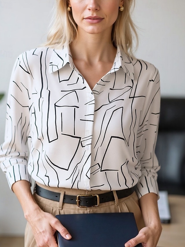  Women's Blouse Dressy Tops Chiffon Tops Color Block Abstract Elegant Daily Stylish Long Sleeve Shirt Collar Regular Tops Work Daily Buttons Print Black And White Black White Beige Spring, Fall
