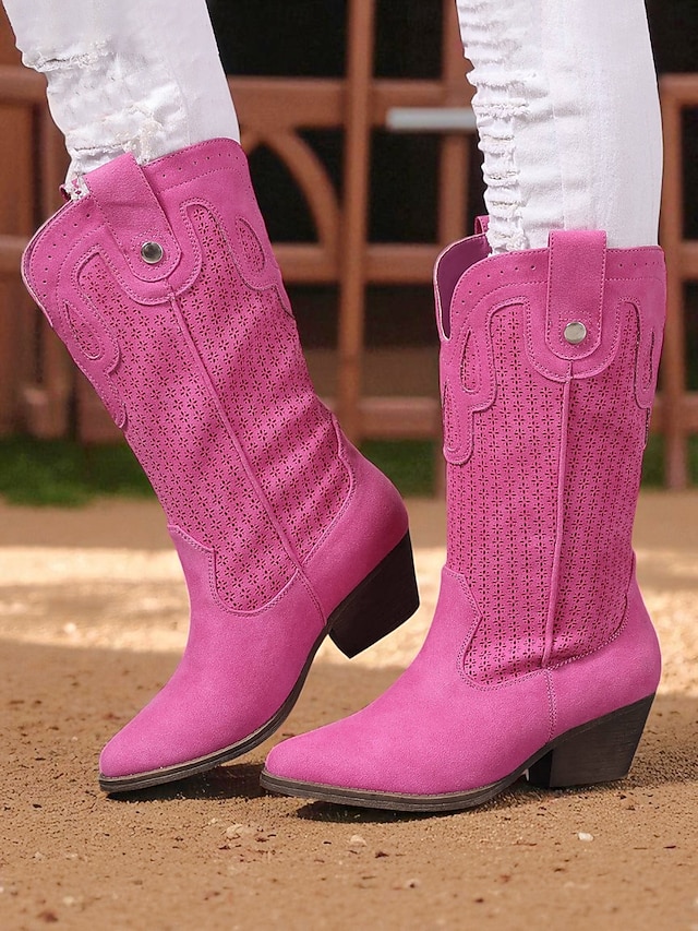 Bottes de cowboy style western pour femmes – bottes mi-mollet en similicuir marron pour les festivals d'automne, les citrouilles et les tenues champêtres