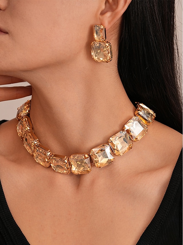  Women's Gold Crystal Jewelry Set - Chunky Rhinestone Choker Necklace and Drop Earrings for Glamorous Party and Evening Wear