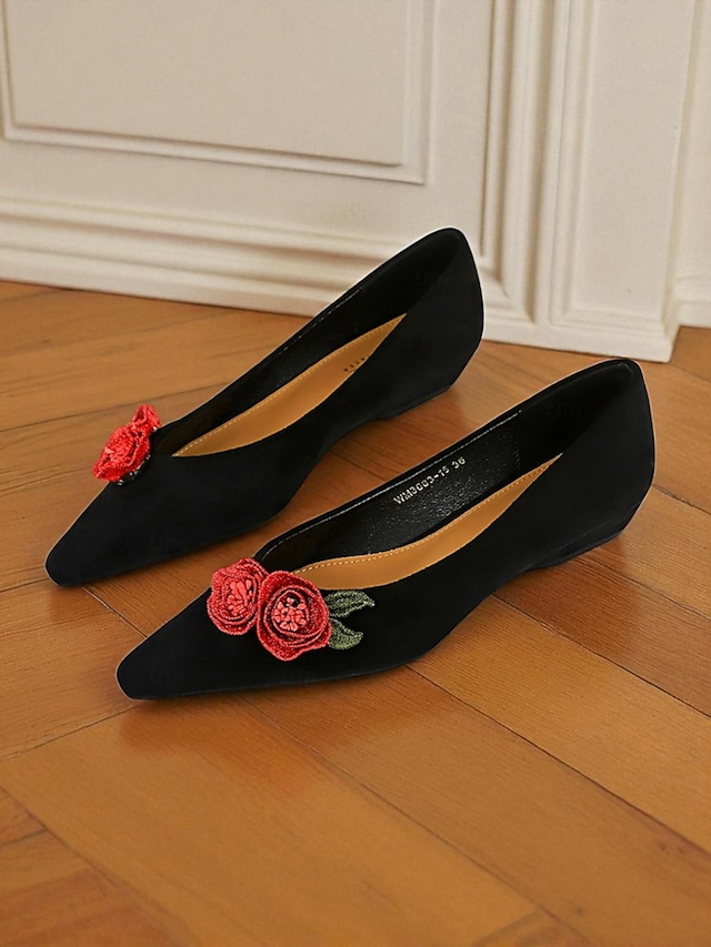  ballerine da donna in pelle scamosciata bordeaux - design floreale con rose ricamate, eleganti scarpe slip-on a punta per uscite informali, feste in giardino e appuntamenti romantici