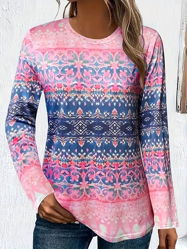 Women's T shirt Crew Neck Long Sleeve Tunic Graphic Geometric Striped Vintage Stylish  Round Neck Regular Tops Daily Print Pink Fall4