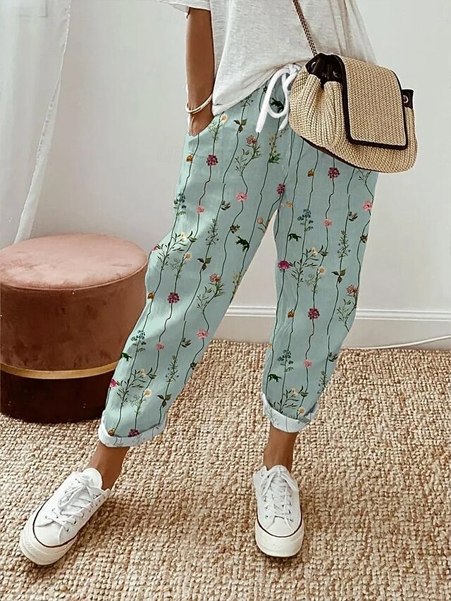 Women's Chinos Vacation Vintage Ethnic Style Ankle-Length High Waist Floral Graphic Striped Pocket Soft Outdoor Breathable Inelastic Vacation Street Causal Light Green Summer Spring Fall Loose Fit4