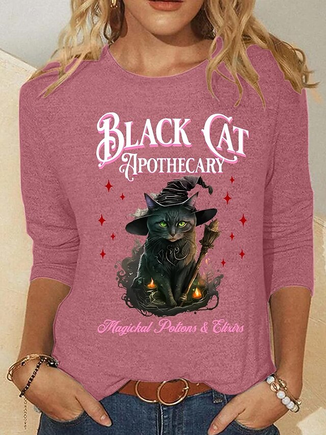Halloween Women's T shirt Black Cat Long Sleeve Crew Neck Long Sleeve Tunic Graphic Animal Cat Vintage Stylish Round Neck Regular Tops Daily Weekend Print Black Pink Blue Fall Prefall4
