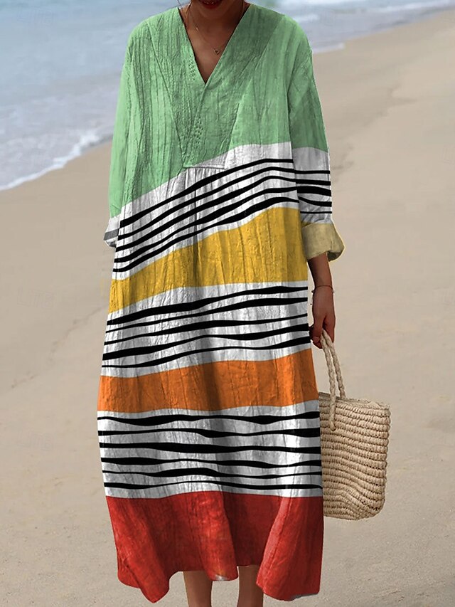  Femmes Robe Midi Robe d'Été Robe fourreau Vacances Occasionnel Chaussures de plage Sortir Plage Coupe Ample Graphique Géométrique manche longue Col en V Jaune Vert Claire Rouge Vert Été Printemps